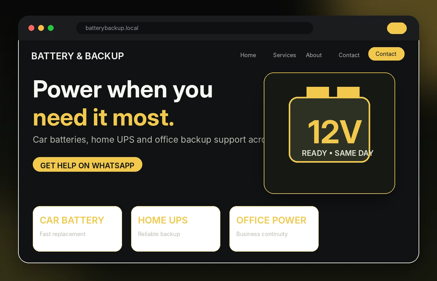Battery and Backup Solutions website interface